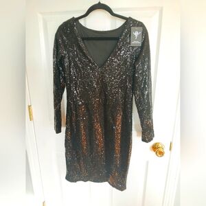 Black Sequin Long Sleeve Mini Dress Size M Formal Party Festival
